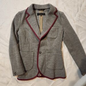 Rag & Bone Knit Blazer Gray Burgundy Trim 100% Merino Wool XS Flawed Bromley